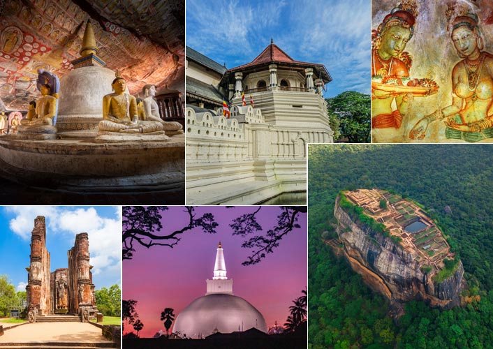 Collage of ancient cities and cultural landmarks in Sri Lanka, including Sigiriya, Polonnaruwa, and Kandy