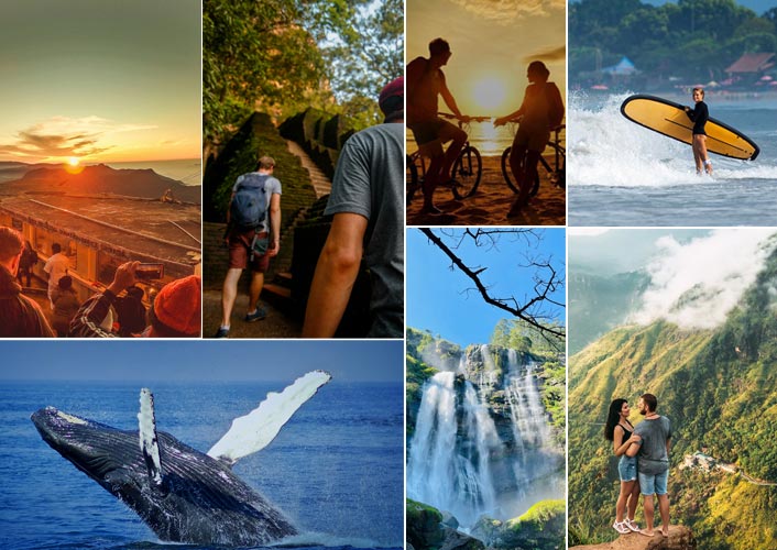 Adventure collage of Sri Lanka showing surfing in Arugam Bay, sightseeing in Ella, waterfalls, cycling, whale watching, hiking, and climbing
