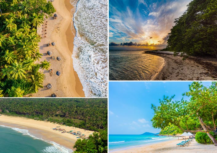 Collage of unspoiled, virgin beaches around Sri Lanka with golden sands, clear waters, and palm-lined shores